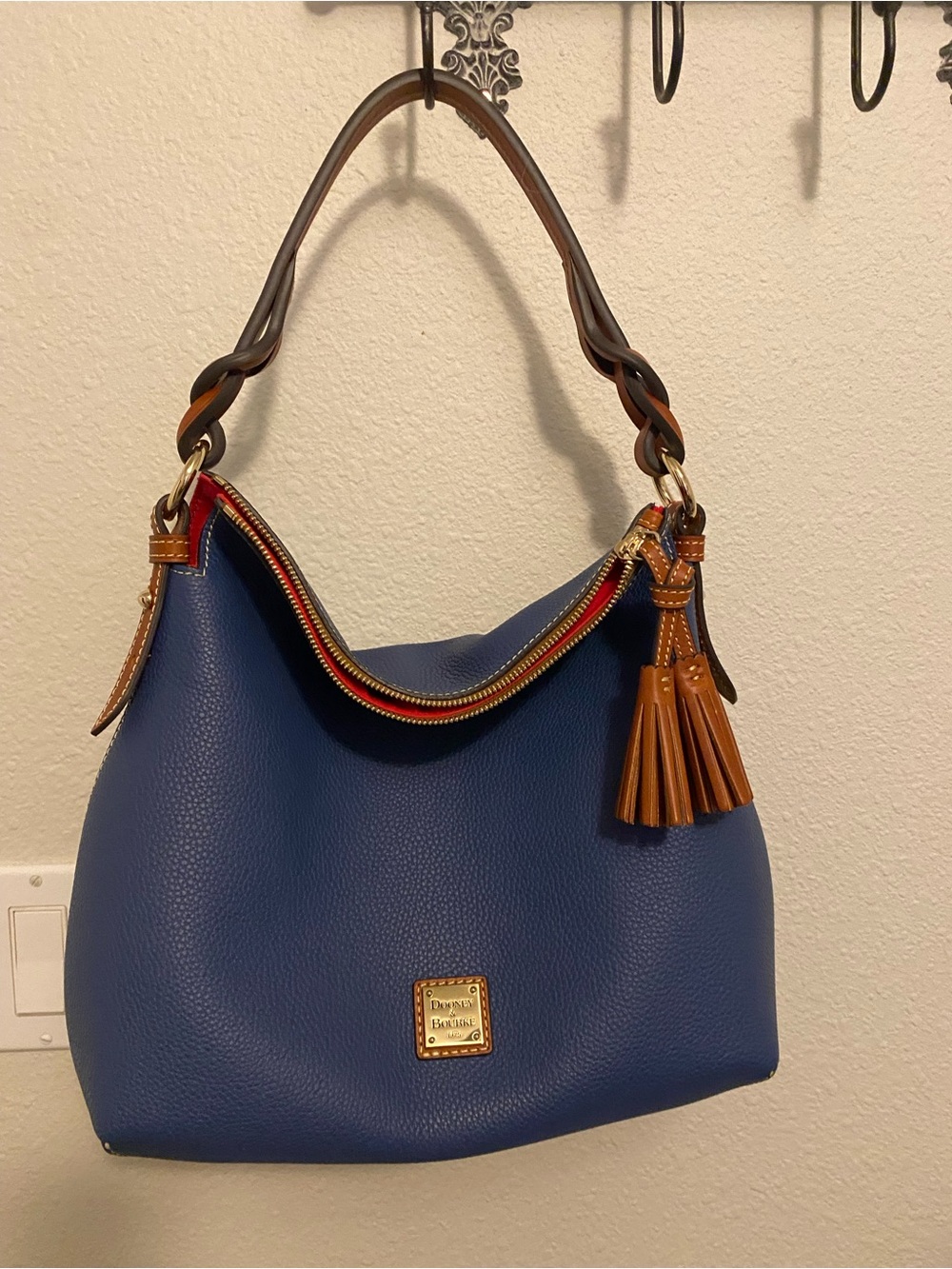 Dooney & Bourke Blue Pebbled Leather Hobo with Tan Trim and Tassel